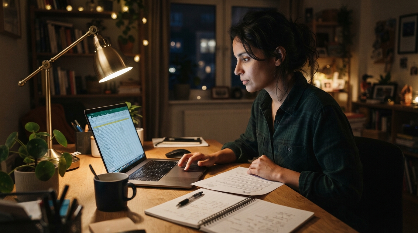 Consultant at a laptop reviewing a job search tracker spreadsheet at night