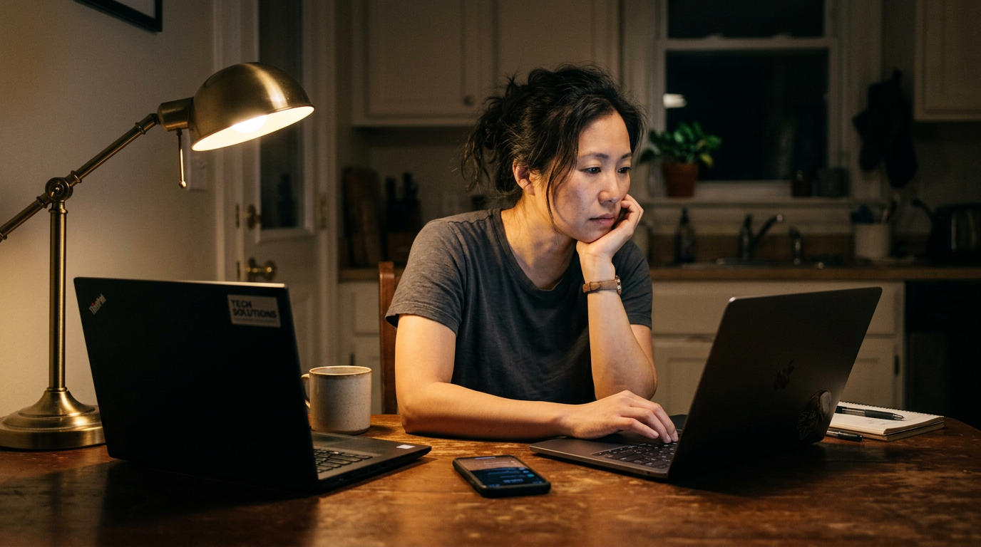 Consultant job searching quietly at home at night on a personal laptop, work laptop closed nearby