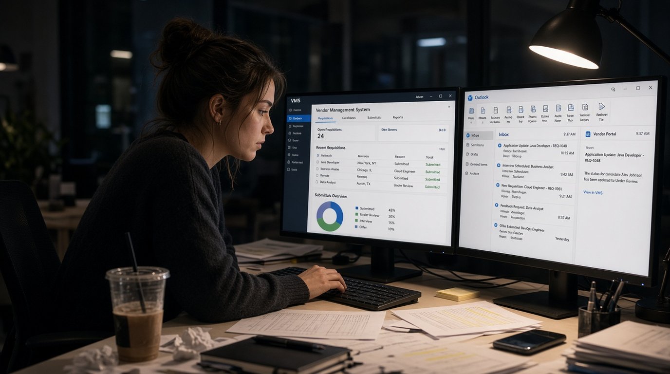 Recruiter at a desk reviewing a staffing requisition on a VMS dashboard at night