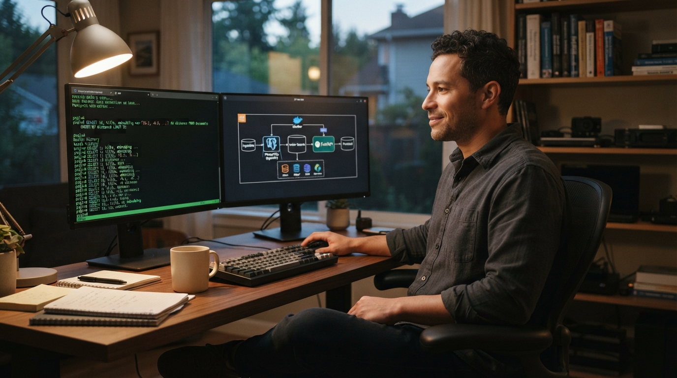 Data engineer reviewing a pgvector query on a Postgres terminal at a dual-monitor home office desk
