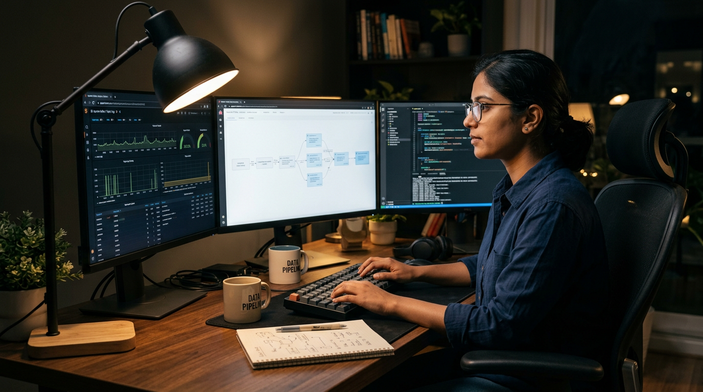 Data engineer reviewing Kafka and Flink streaming dashboards on a multi-monitor desk setup at night
