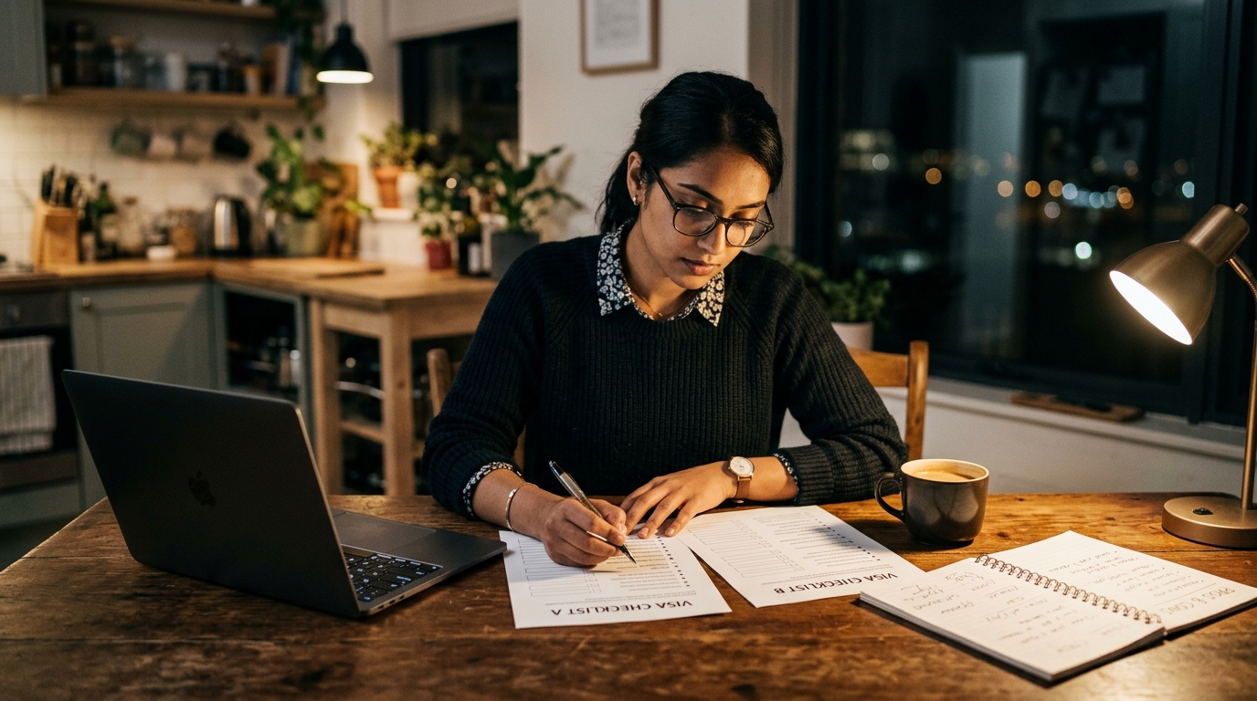 Consultant at a kitchen table at night comparing visa option checklists on paper and laptop