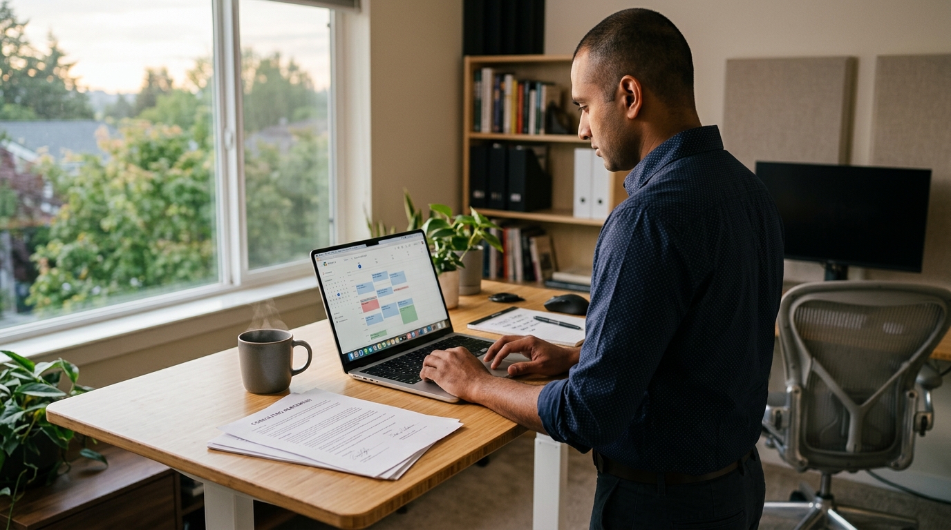 Contract IT consultant reviewing a calendar and contract at a standing desk in late August