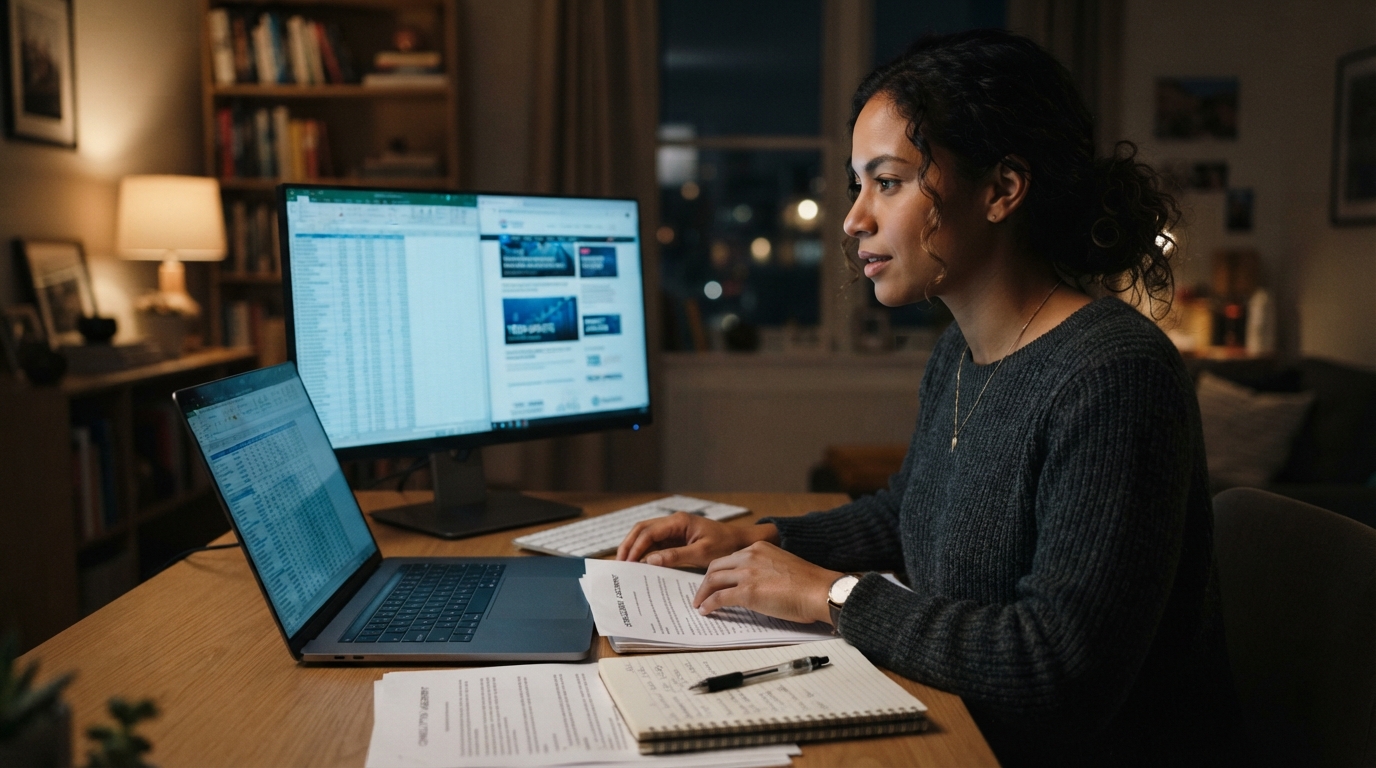 Contract IT consultant reviewing layoff news and a contract at a home office desk at night