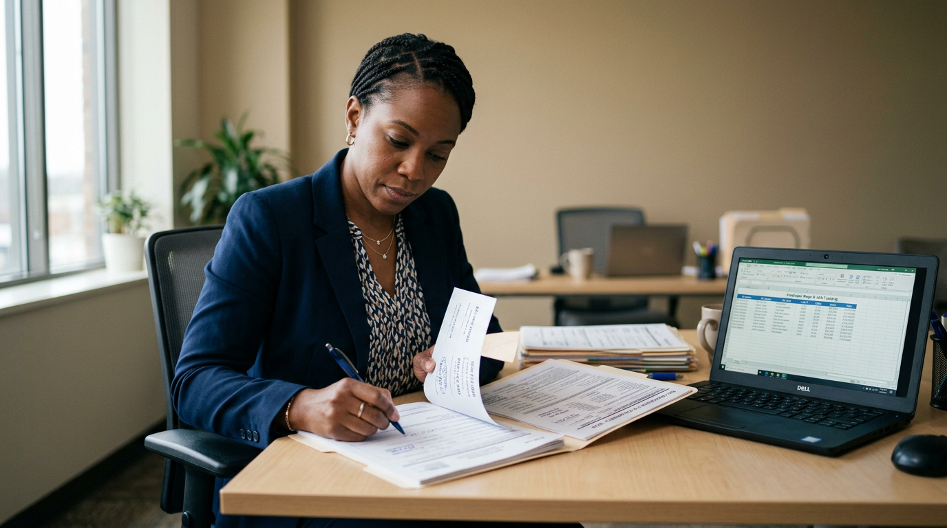 HR compliance officer reviewing a printed LCA public access file folder at a desk