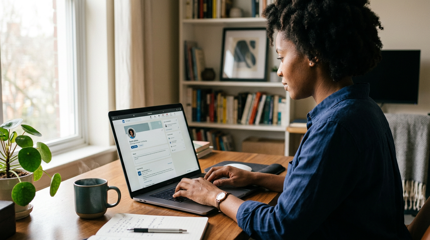 Consultant editing a LinkedIn profile headline on a laptop at a home desk