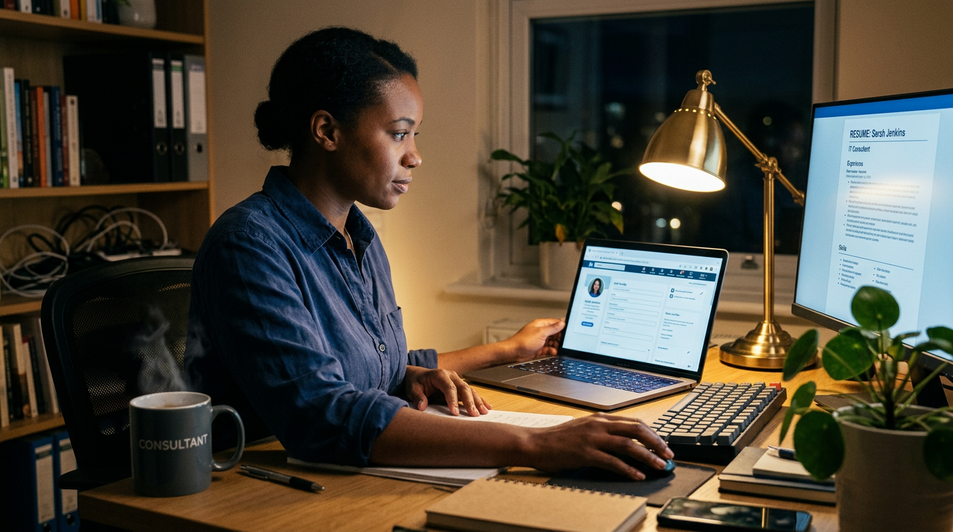 IT consultant editing LinkedIn headline on laptop at home desk at night