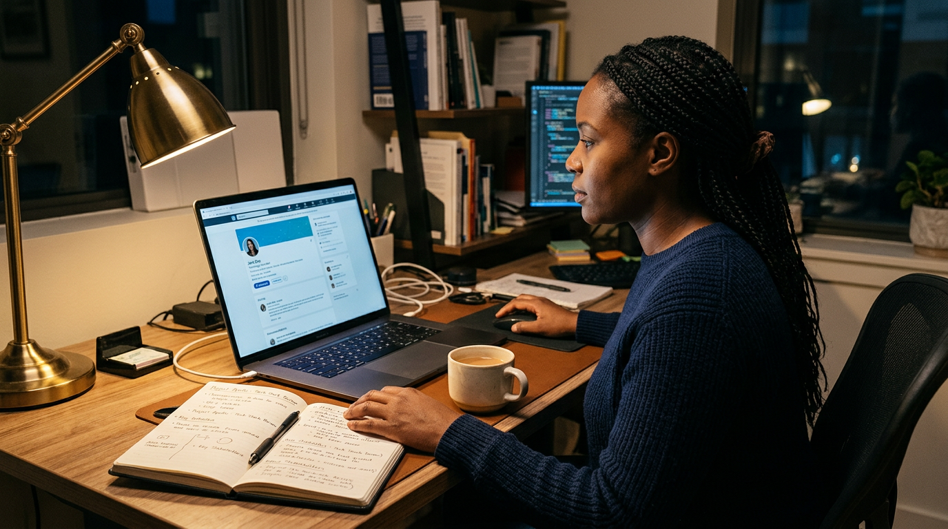 Consultant reviewing their LinkedIn profile on a laptop at a home office desk at night