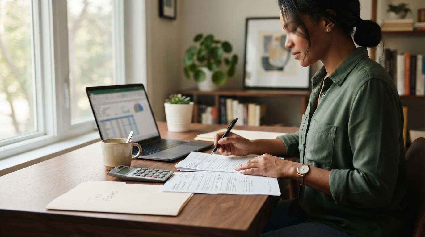 Consultant reviewing LLC and S-corp paperwork at a home office desk with a laptop and calculator