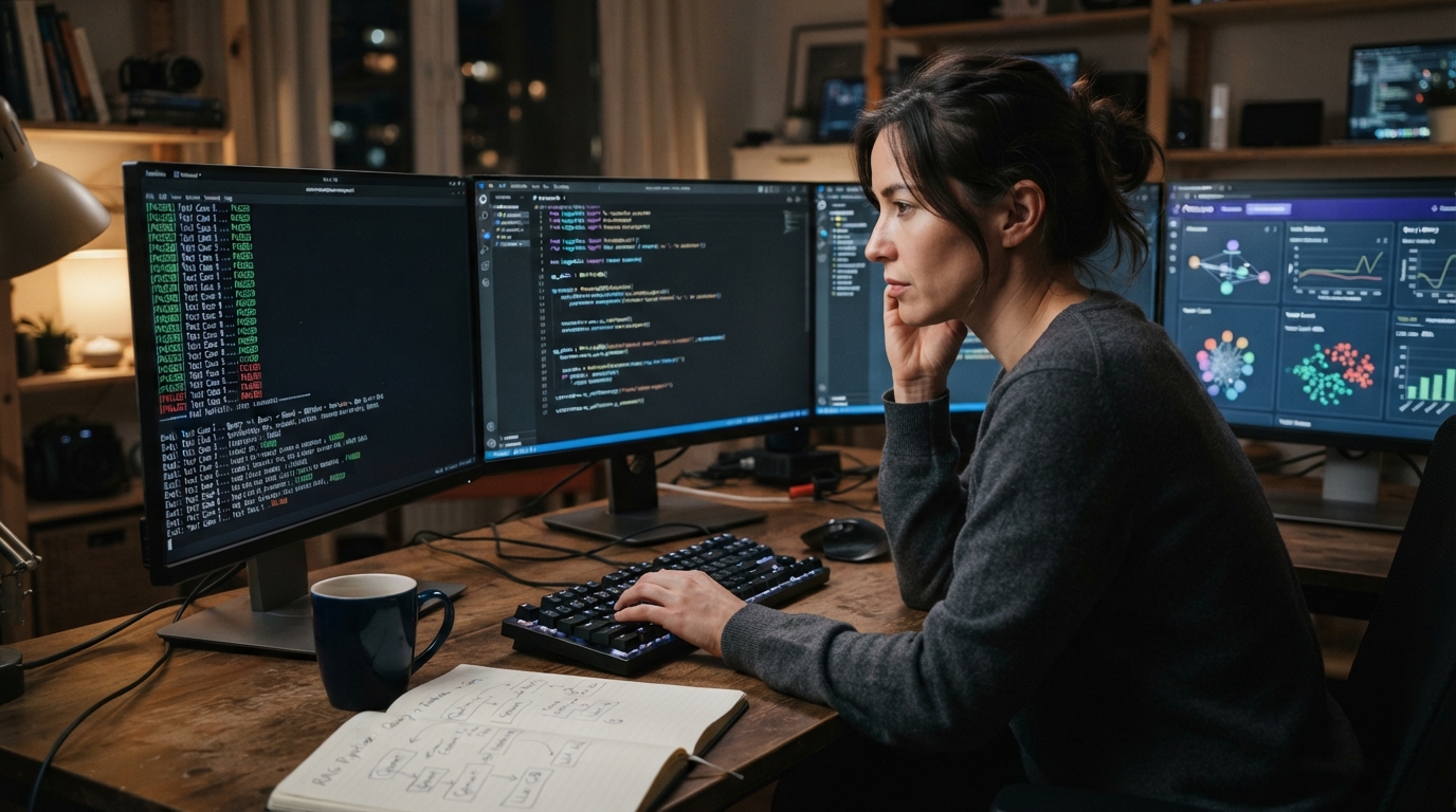 Engineer at multi-monitor desk at night reviewing a RAG pipeline and evaluation dashboard