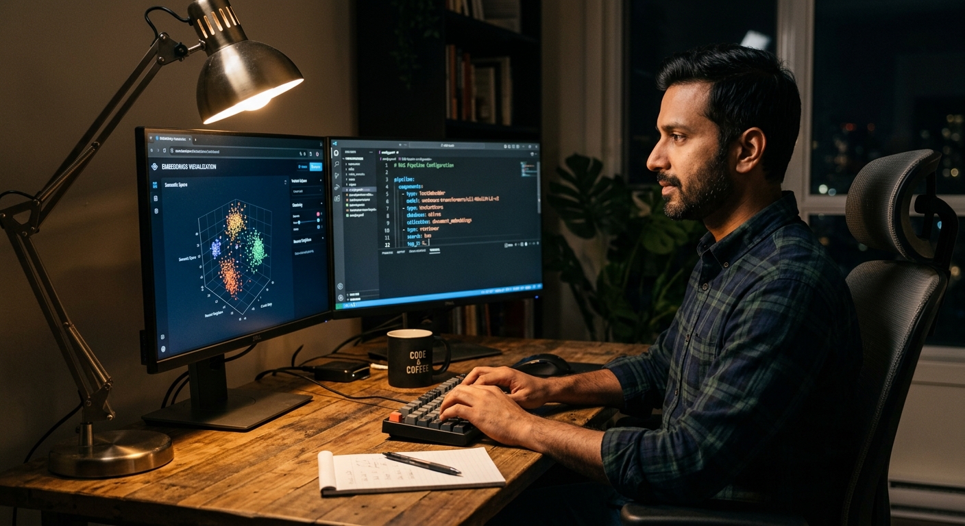 Engineer reviewing a RAG pipeline and vector database dashboard at a night desk setup