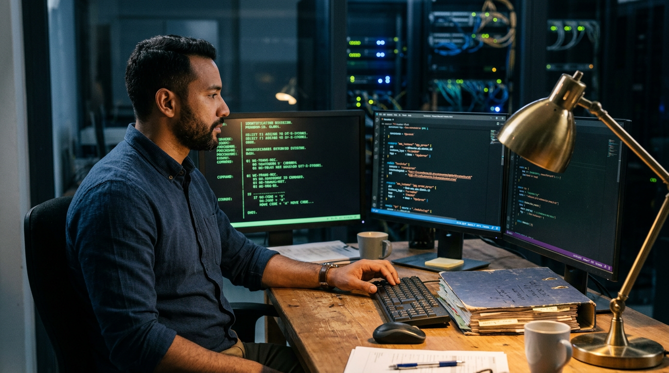 Consultant reviewing mainframe terminal output beside a modern code editor screen