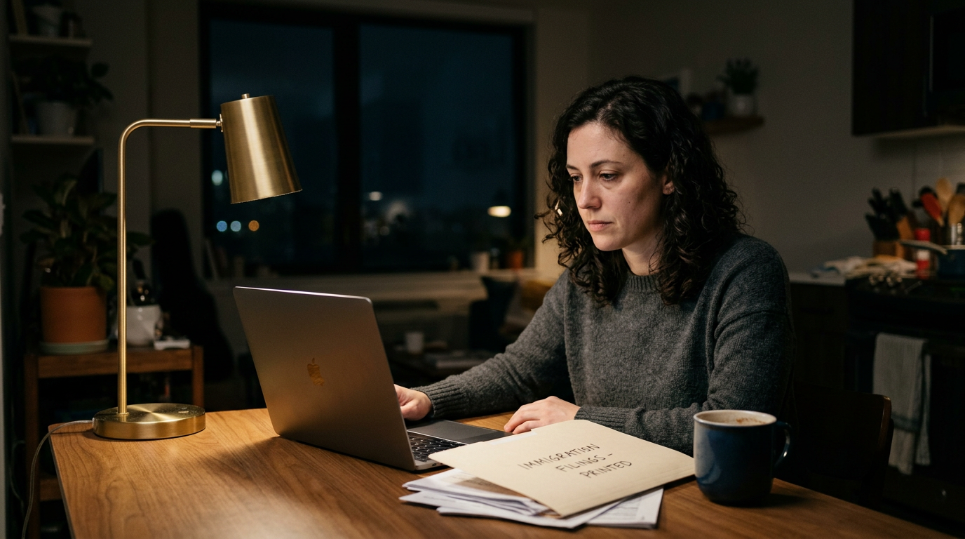 Consultant at a kitchen table at night reviewing immigration paperwork beside an open laptop