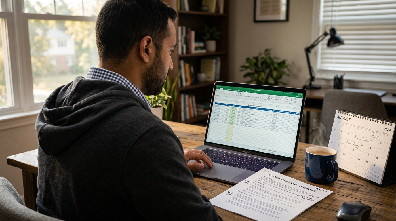 Contract IT consultant reviewing a statement of work and calendar at a laptop in early morning light