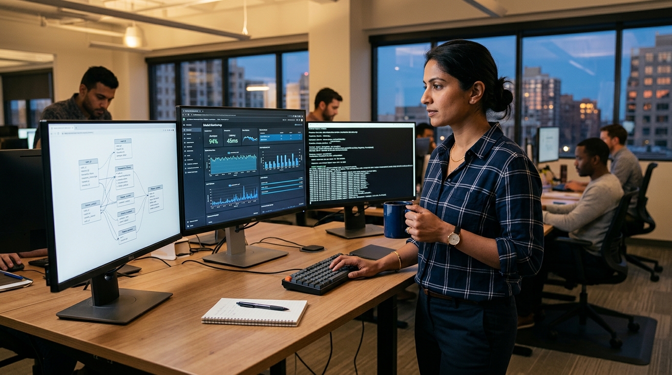 MLOps engineer reviewing model monitoring dashboards across three monitors at a standing desk