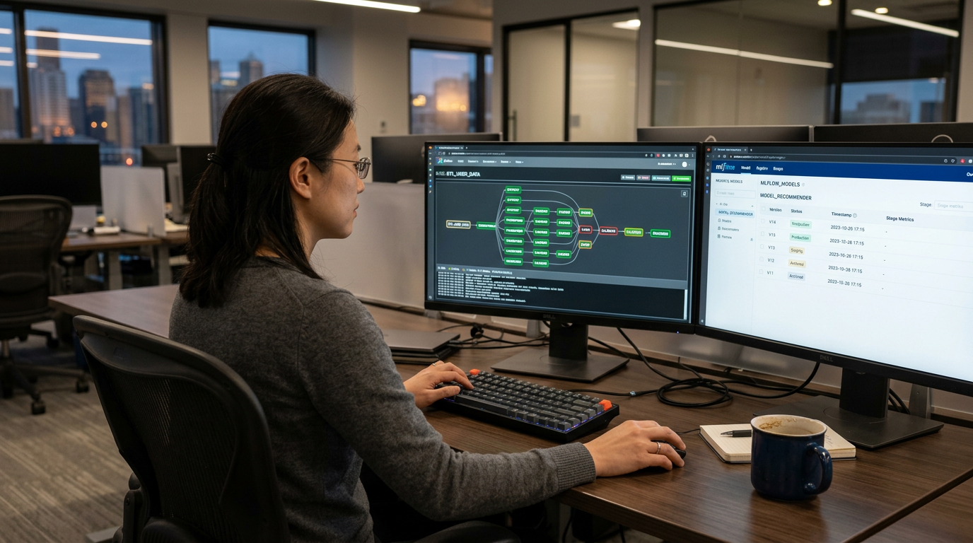 Engineer reviewing a model registry and pipeline dashboard across multiple monitors