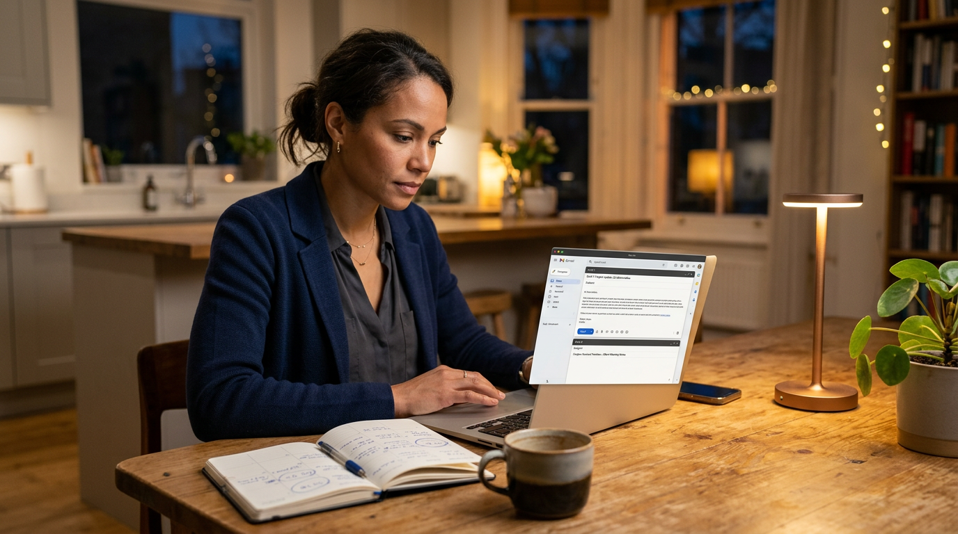 Consultant at a kitchen table at night planning a contract start date on a laptop and calendar