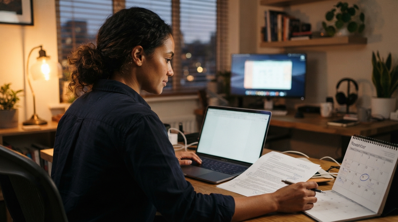 Consultant reviewing a printed subcontract and calendar while negotiating a start date