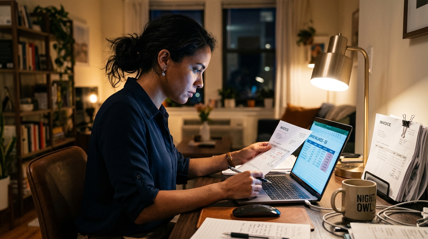 Consultant reviewing unpaid invoices and a laptop at a home office desk at night