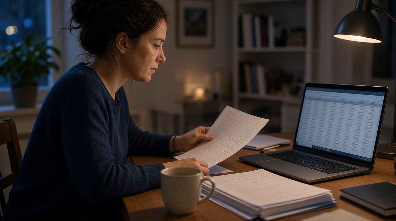 Contract consultant reviewing an invoice and payment schedule at a home office desk at night