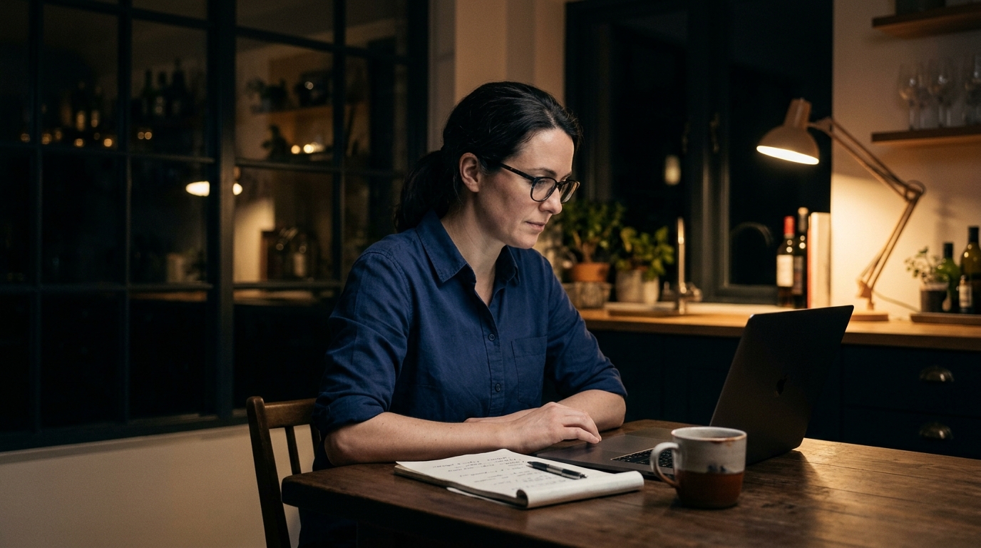 Consultant sitting alone at a kitchen table at night preparing notes before a difficult client meeting