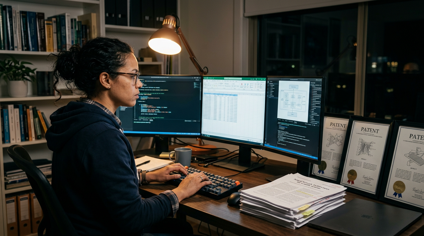 Senior engineer at a late-night desk reviewing printed patents and papers beside a laptop