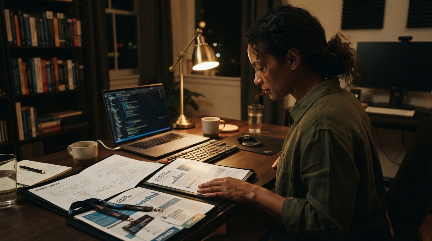 Senior engineer reviewing printed evidence portfolio of patents and publications at a home desk at night