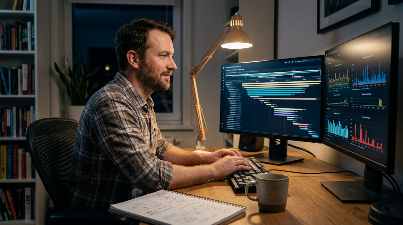 Platform engineer reviewing distributed tracing dashboards at a multi-monitor desk at night