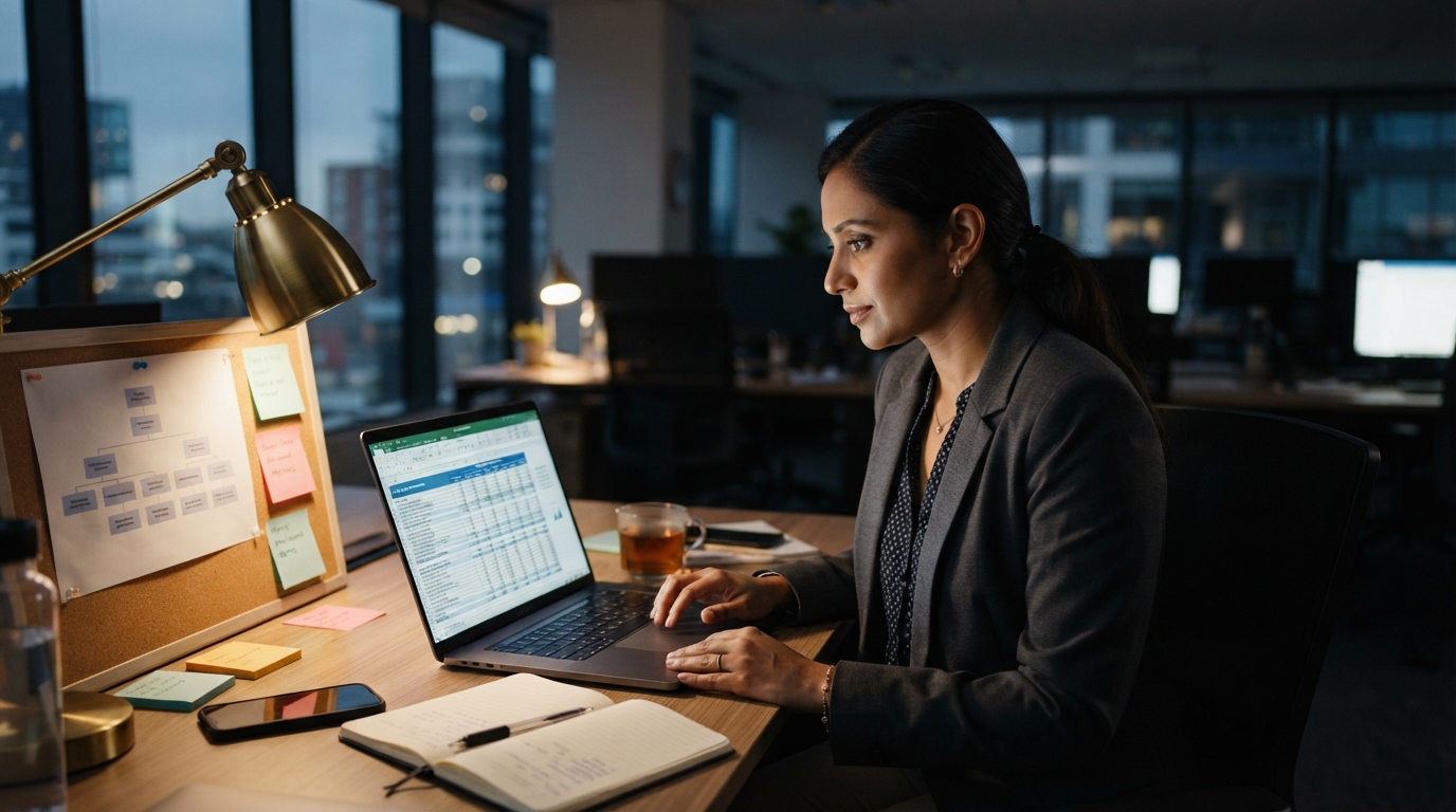 Manager reviewing a budget spreadsheet on a laptop at an evening office desk