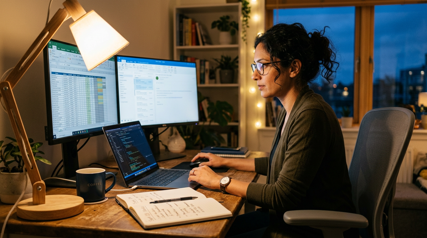 Consultant reviewing a job search tracker on a laptop at a home desk in the evening