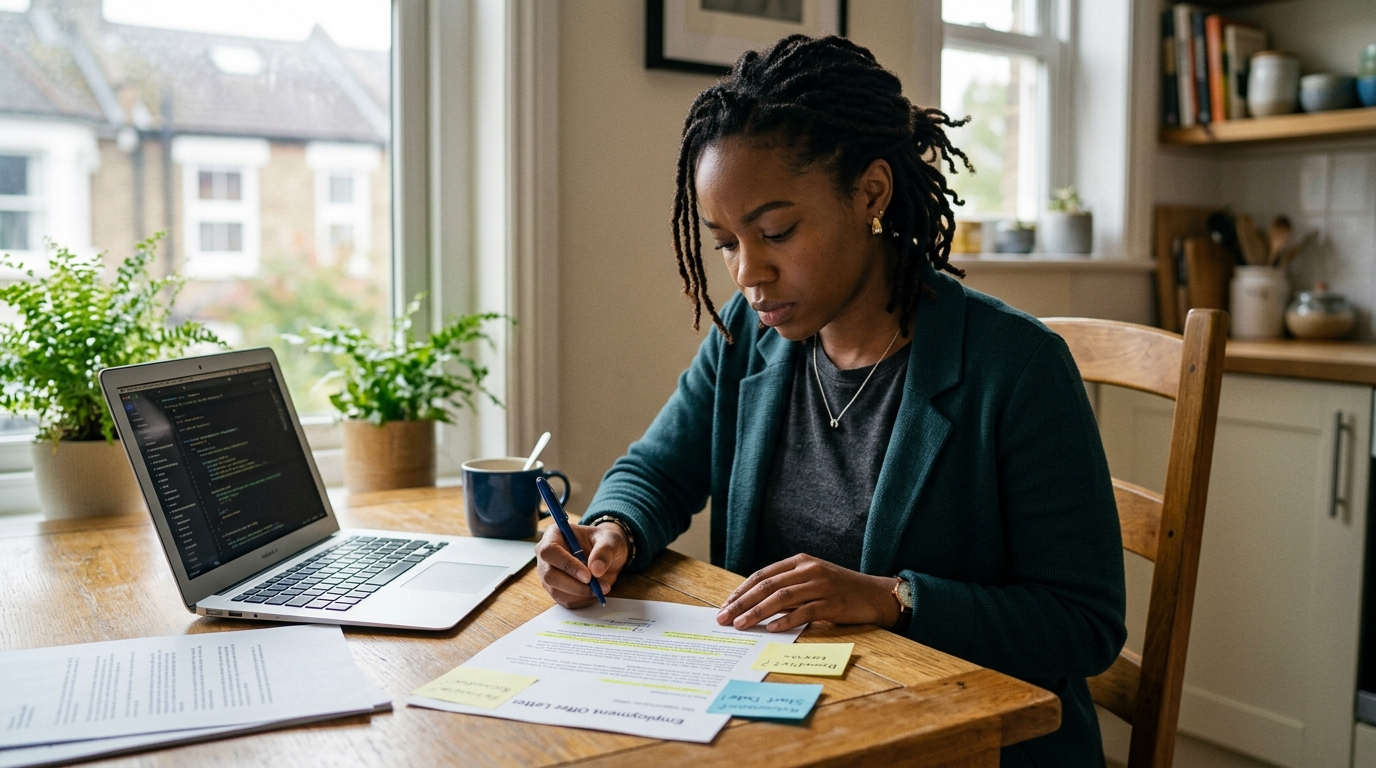 Early-career IT consultant reviewing a printed offer letter with highlighter marks at a kitchen table