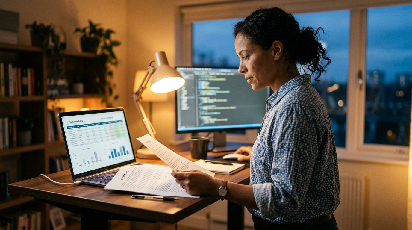 Consultant at a standing desk reviewing a contract and rate spreadsheet in the evening