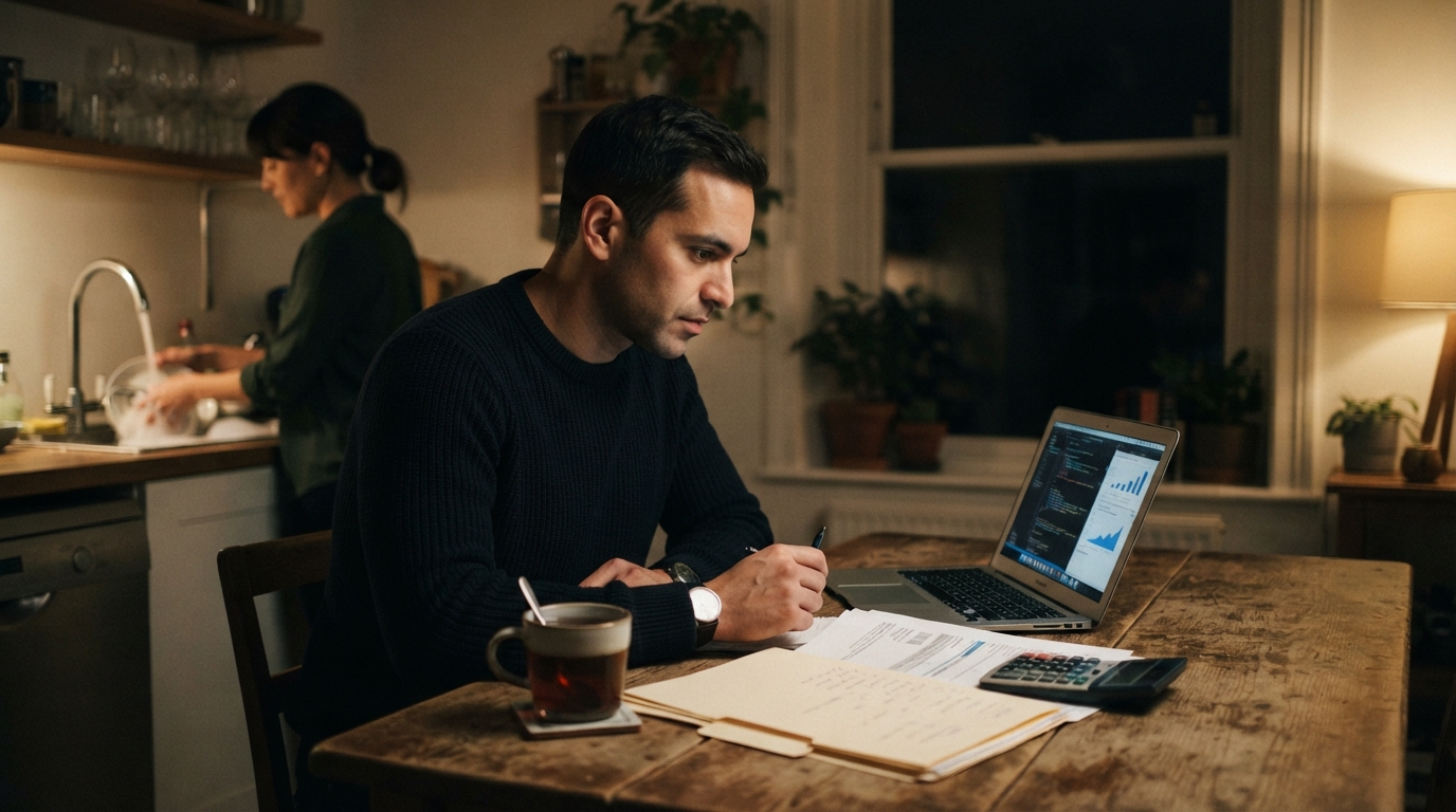 Consultant reviewing immigration documents at a kitchen table late at night with family in the background