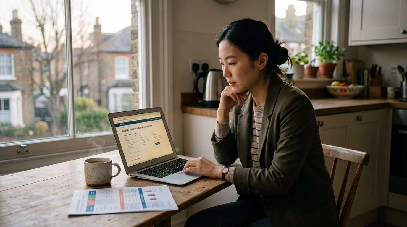 Contract IT consultant reviewing health plan options on a laptop during open enrollment
