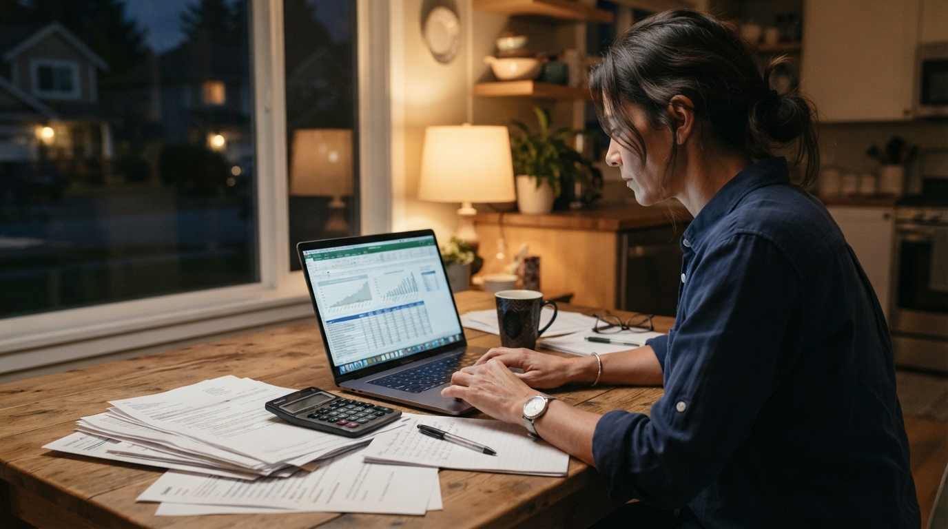 Contract consultant reviewing health insurance open enrollment paperwork at a kitchen table at night