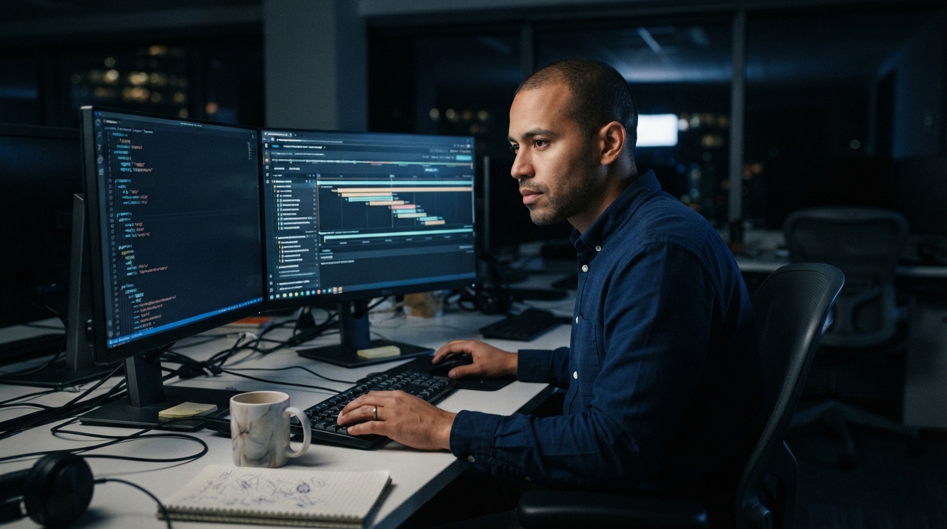 Observability engineer reviewing OpenTelemetry collector pipeline and trace sampling dashboards at night