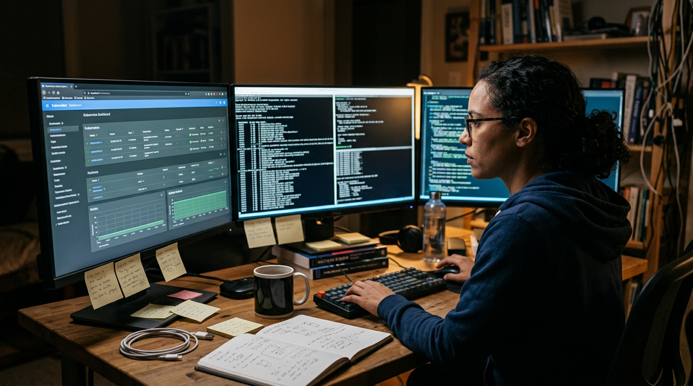 Engineer at multi-monitor desk at night debugging a Kubernetes cluster issue