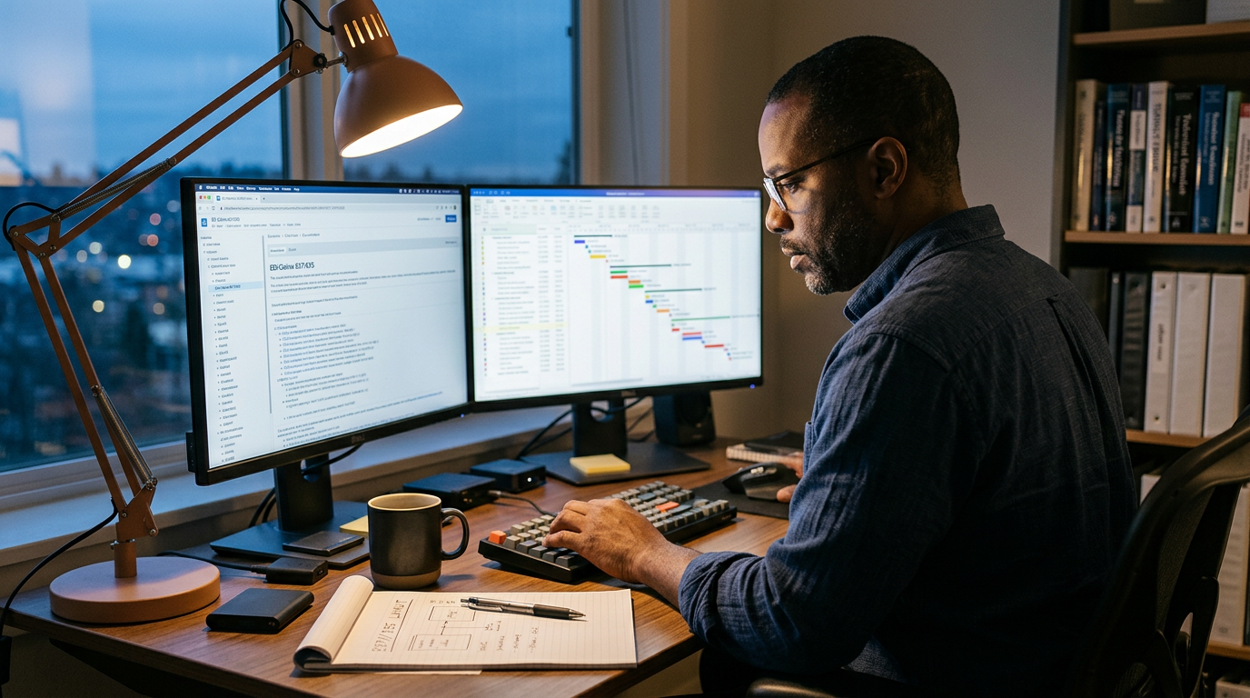 Healthcare IT consultant reviewing claims and EDI documentation at a home office desk in the evening