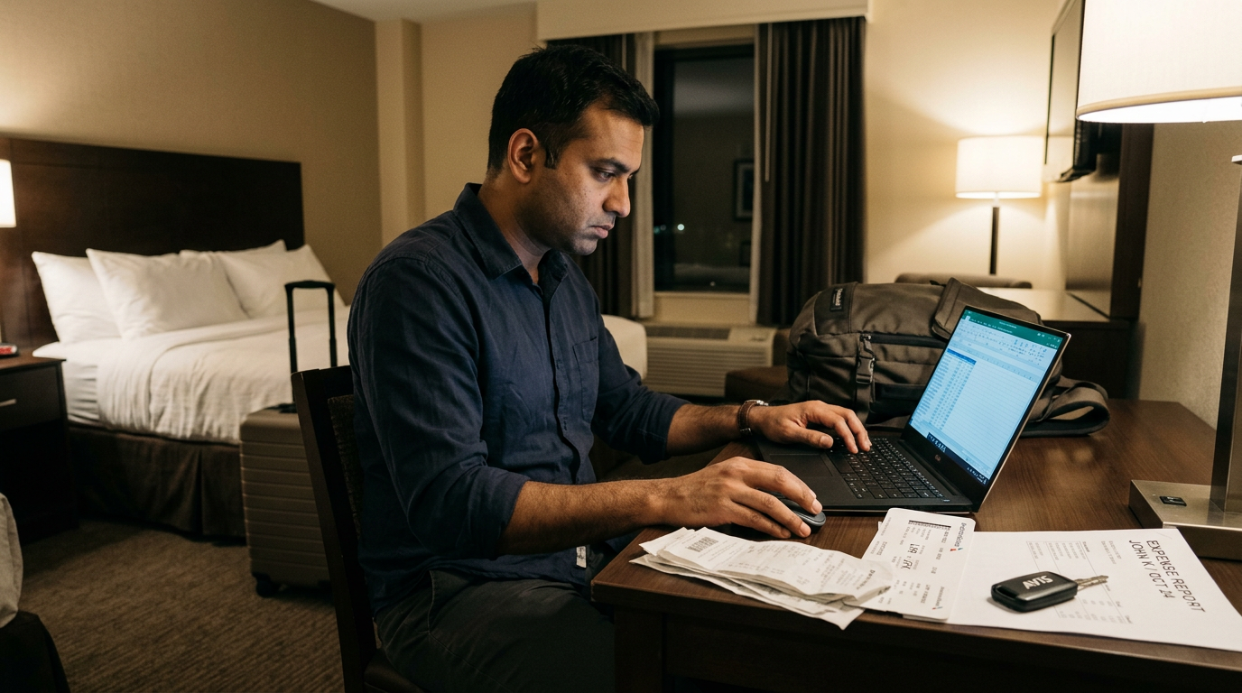 Consultant reviewing travel receipts and an expense report at a hotel desk at night