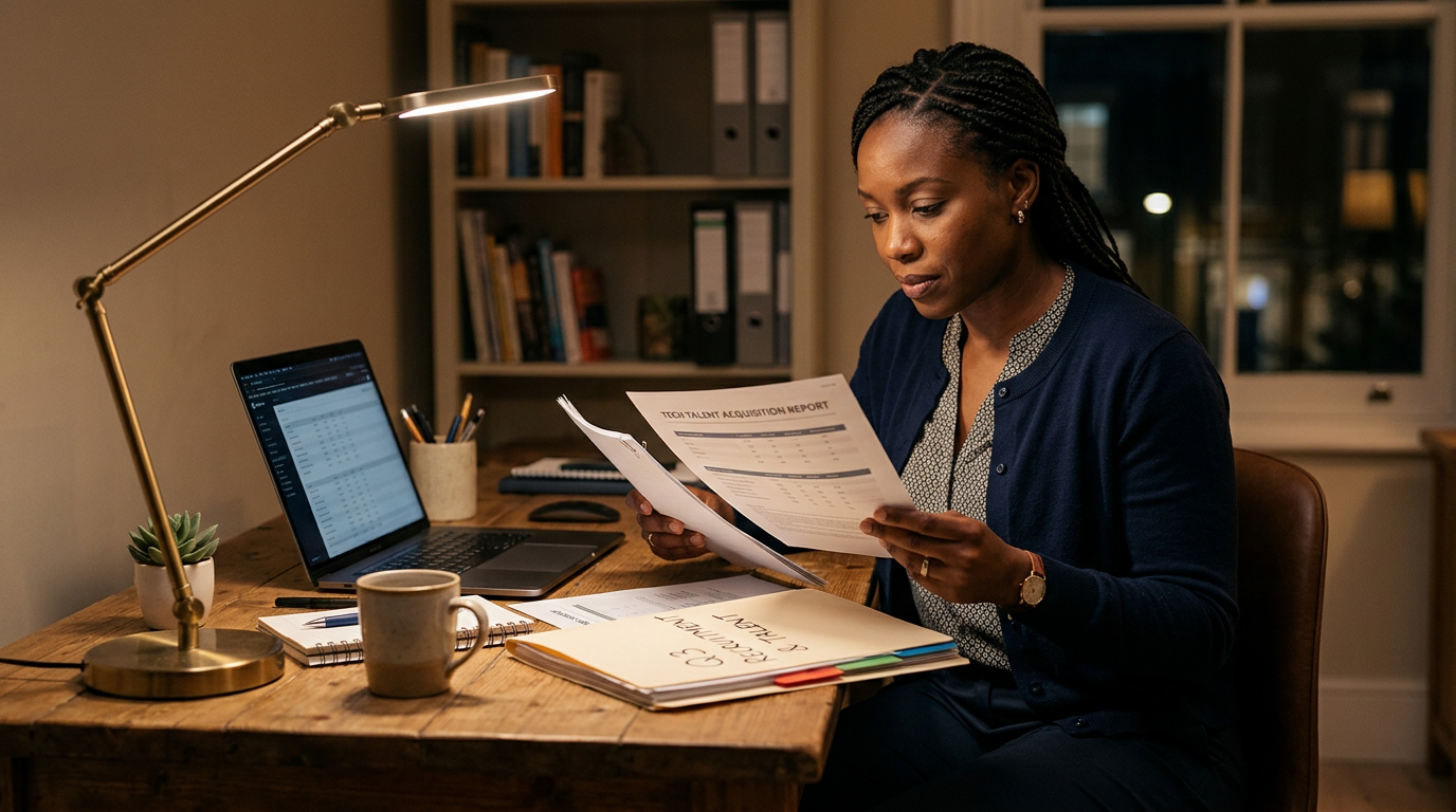 Consultant reviewing PERM recruitment documents at a desk in the evening