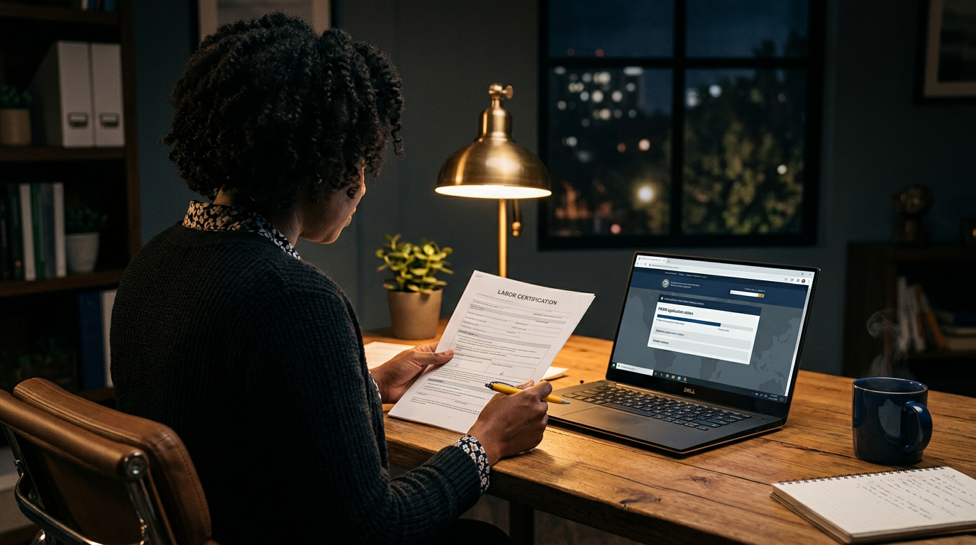 Consultant reviewing PERM labor certification paperwork and laptop at a home desk at night