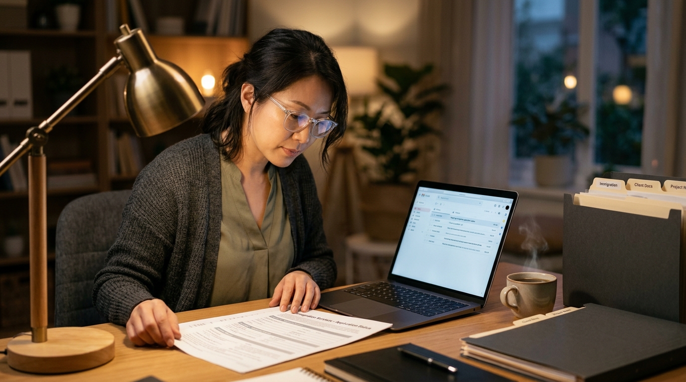 Consultant reviewing PERM paperwork at a home desk in the evening