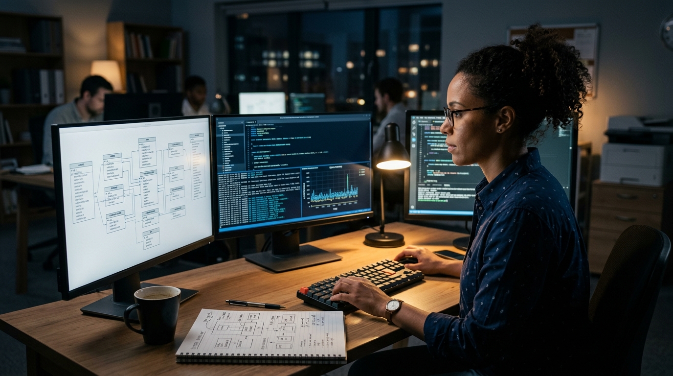 Consultant at a multi-monitor desk comparing vector database latency graphs at night