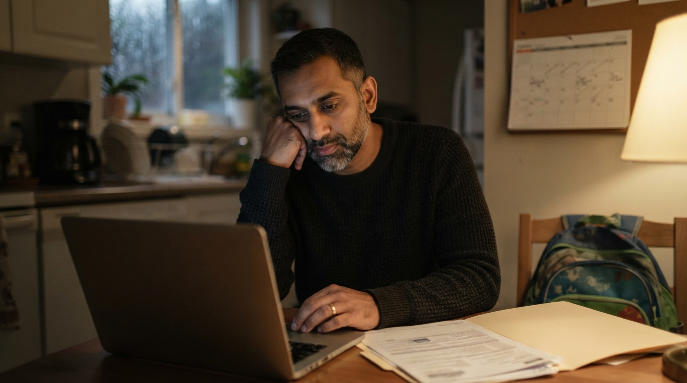 Consultant reviewing immigration documents at a kitchen table at night while planning around a retrogressed priority date
