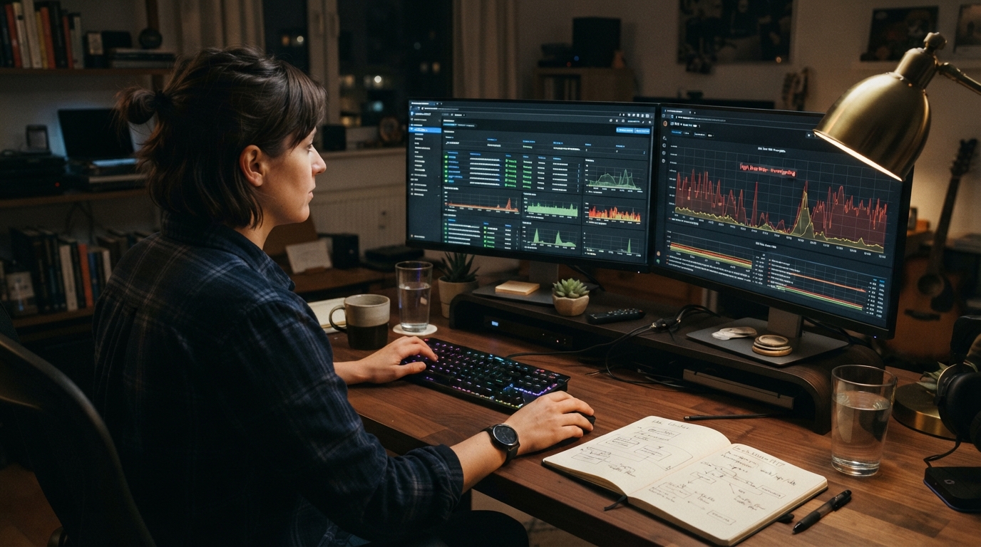 Platform engineer reviewing Kubernetes namespace and SLO dashboards on a multi-monitor setup at night