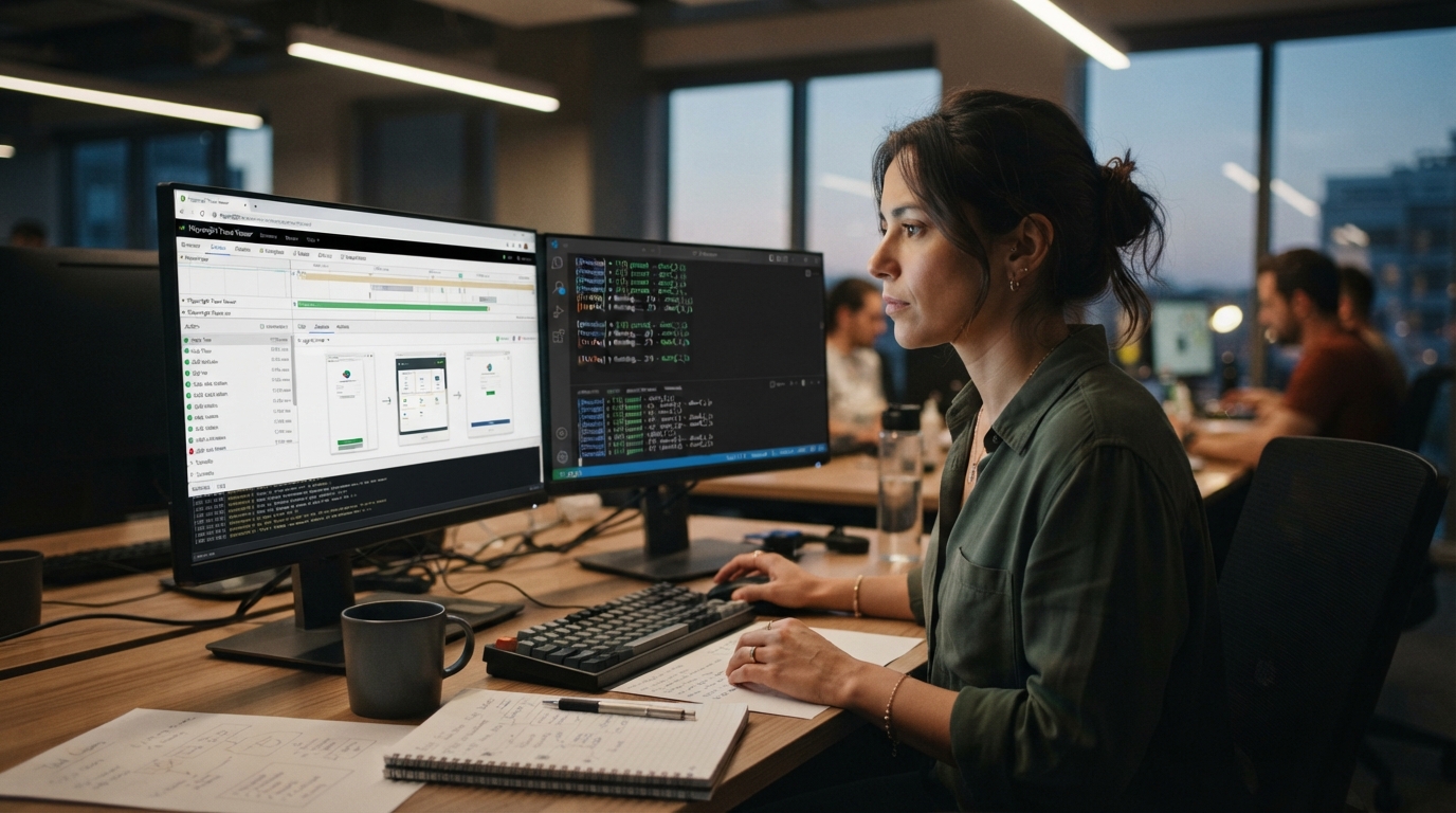 Quality engineer reviewing a Playwright trace viewer and parallel test runs at a dual-monitor desk