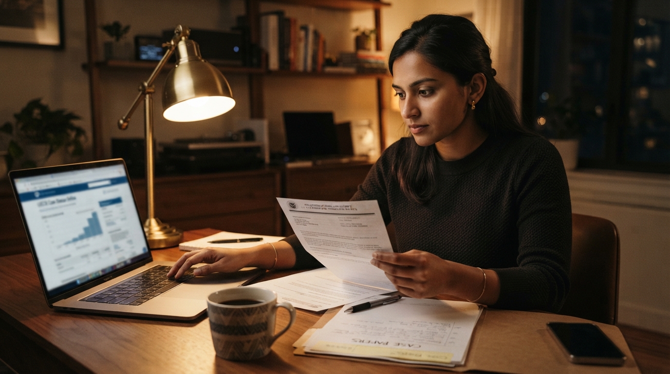 Consultant reviewing a USCIS receipt notice at a desk while checking a laptop case status