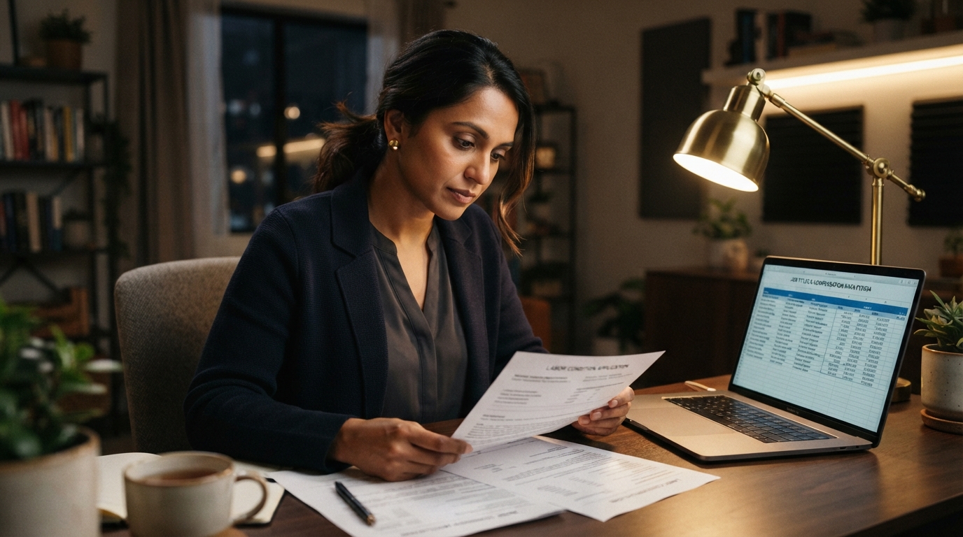 Consultant reviewing prevailing wage documents and a laptop at a desk