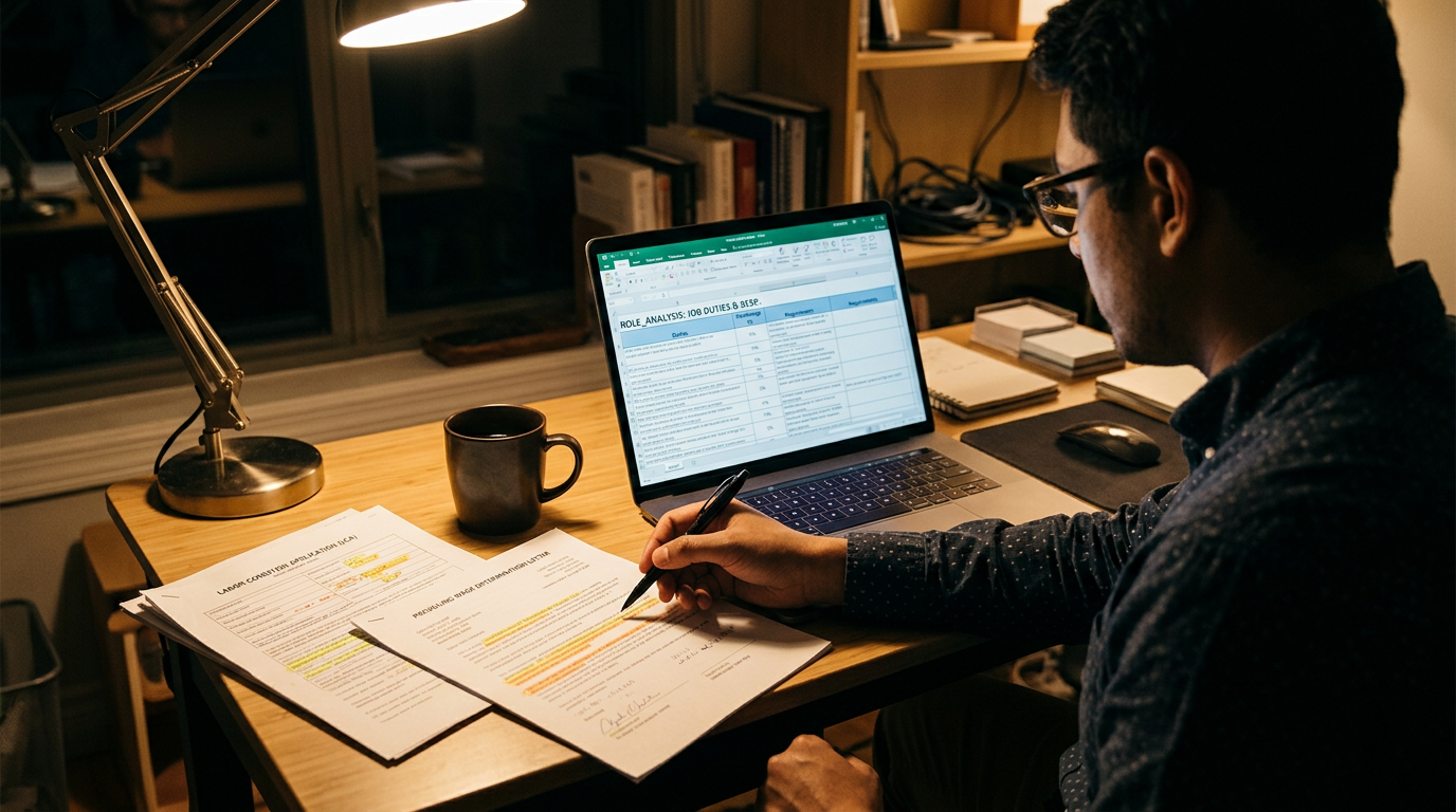 Consultant reviewing a prevailing wage determination and LCA paperwork at a desk at night