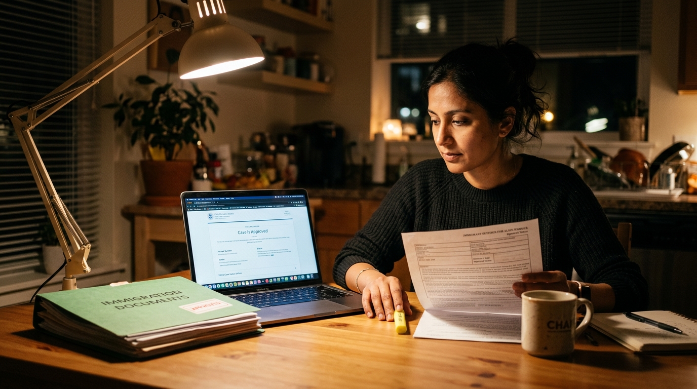 Consultant reviewing I-140 approval documents at a kitchen table at night